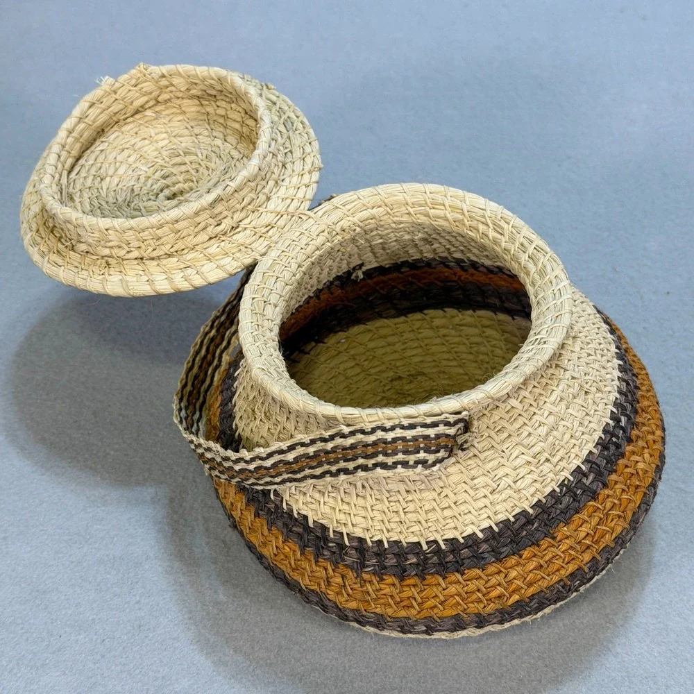 Southwestern Style Woven Basket with Lid & Handle – Rustic Boho Home Decor